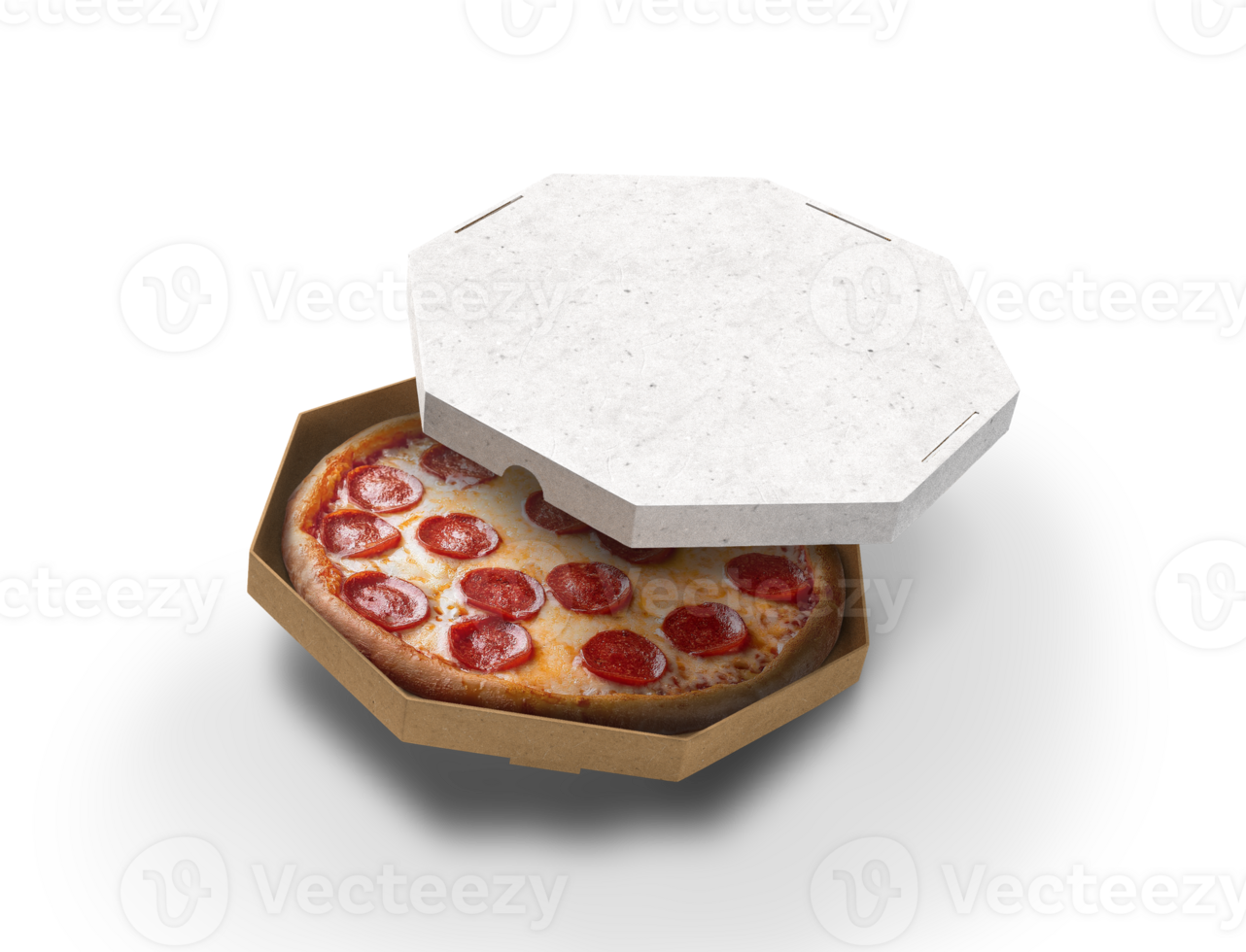 Pepperoni Pizza Inside Octagonal Box Mockup with Cheese png