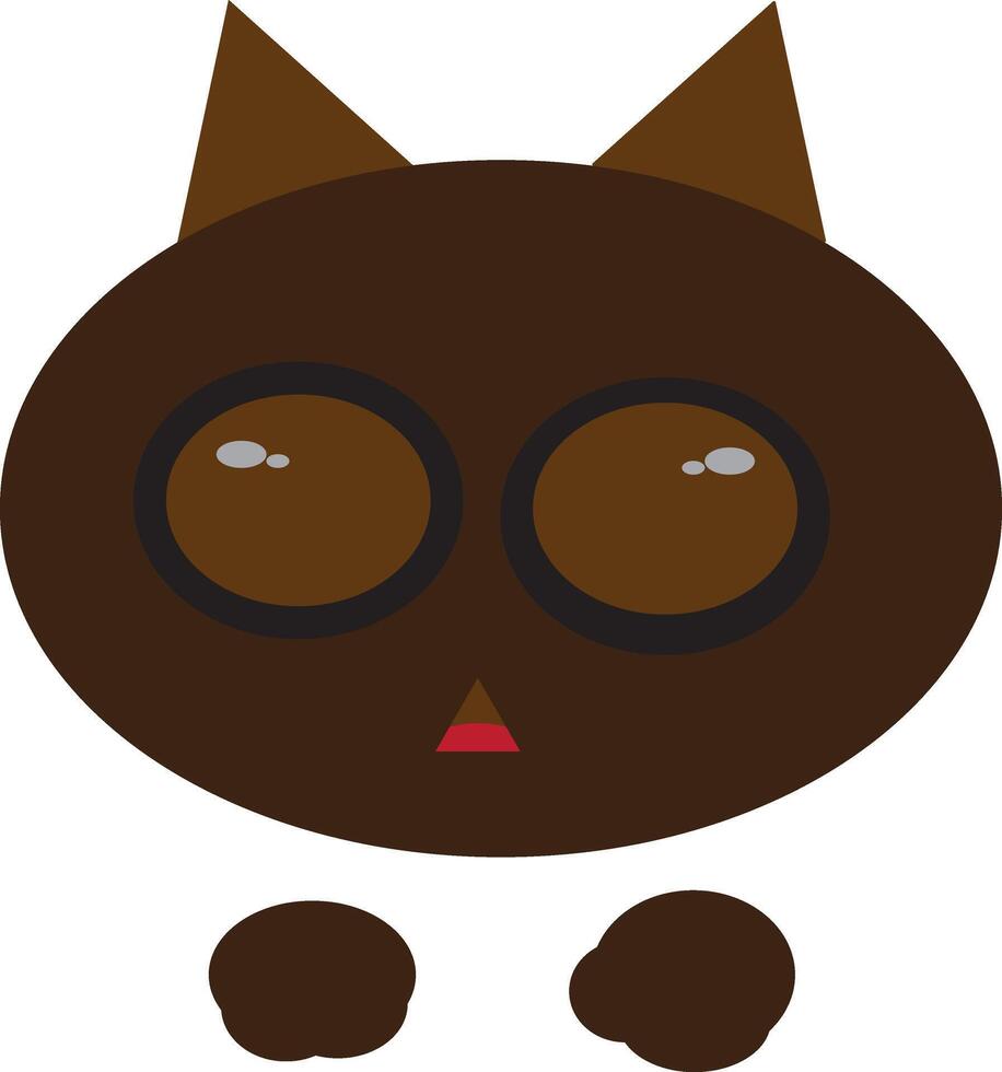 A simple and minimalistic illustration of a cat, featuring a round dark brown face with oversized circular brown eyes outlined in black. vector