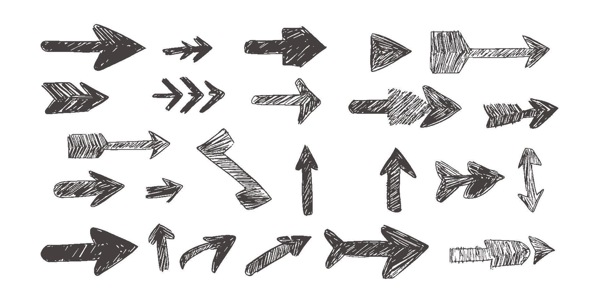 Brushed hand drawn arrow icons set. Sketch arrow design for business plan and education. arrows black icons. vector