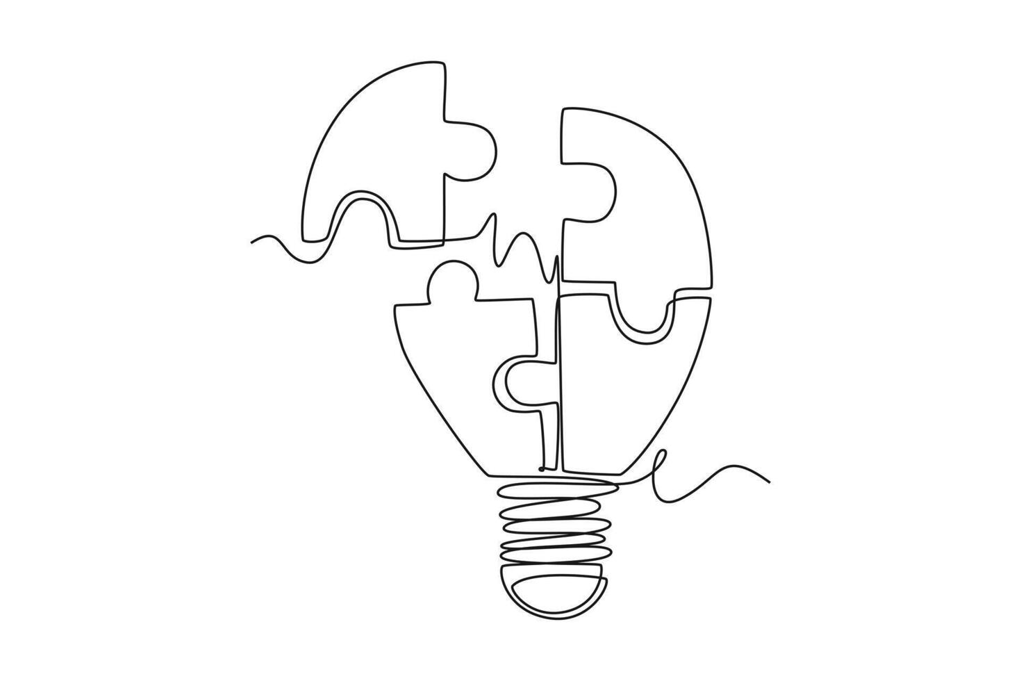 Single one line drawing light bulb with pieces of puzzles forming connecting identity. Teamwork and collaboration smart company concept. Modern continuous line draw design graphic illustration vector