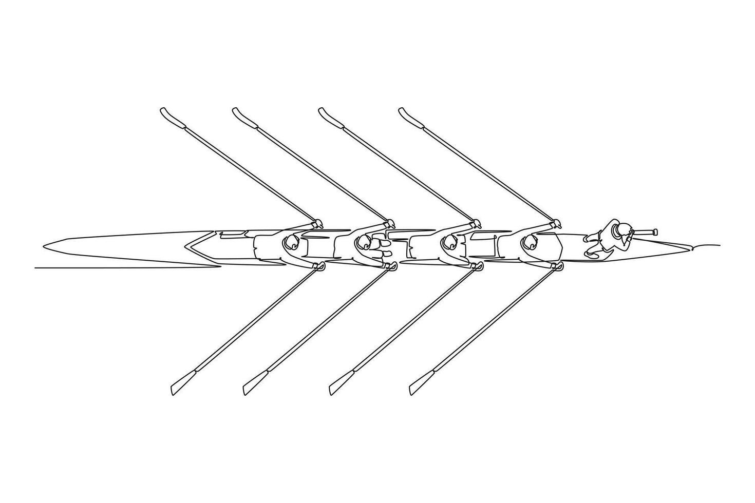Single continuous line drawing top view businessman leader with binoculars lead business team with rowing boat. Teamwork or support to achieve target. One line draw graphic design illustration vector