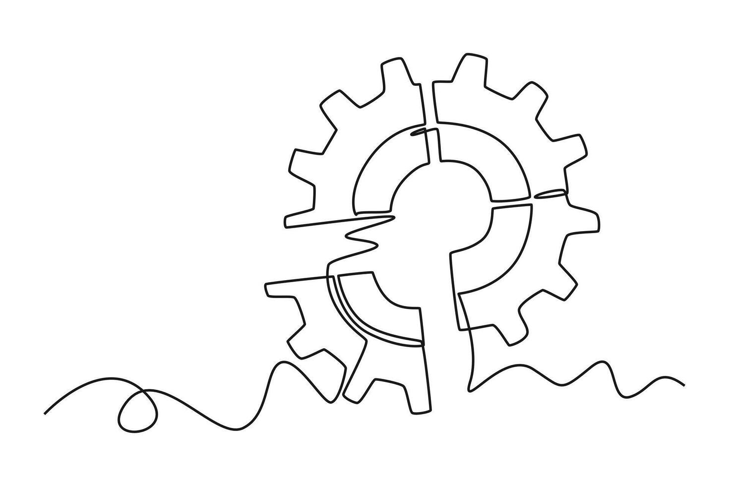 Single one line drawing gear from puzzle pieces logo icon. Business creativity, teamwork, partnership, collaboration and success concept. Modern continuous line draw design graphic illustration vector