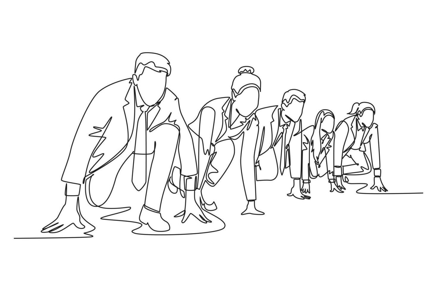 Continuous one line drawing group of male and female worker gets ready on starting line to do sprint race together. Business running competition concept. Single line design graphic illustration vector