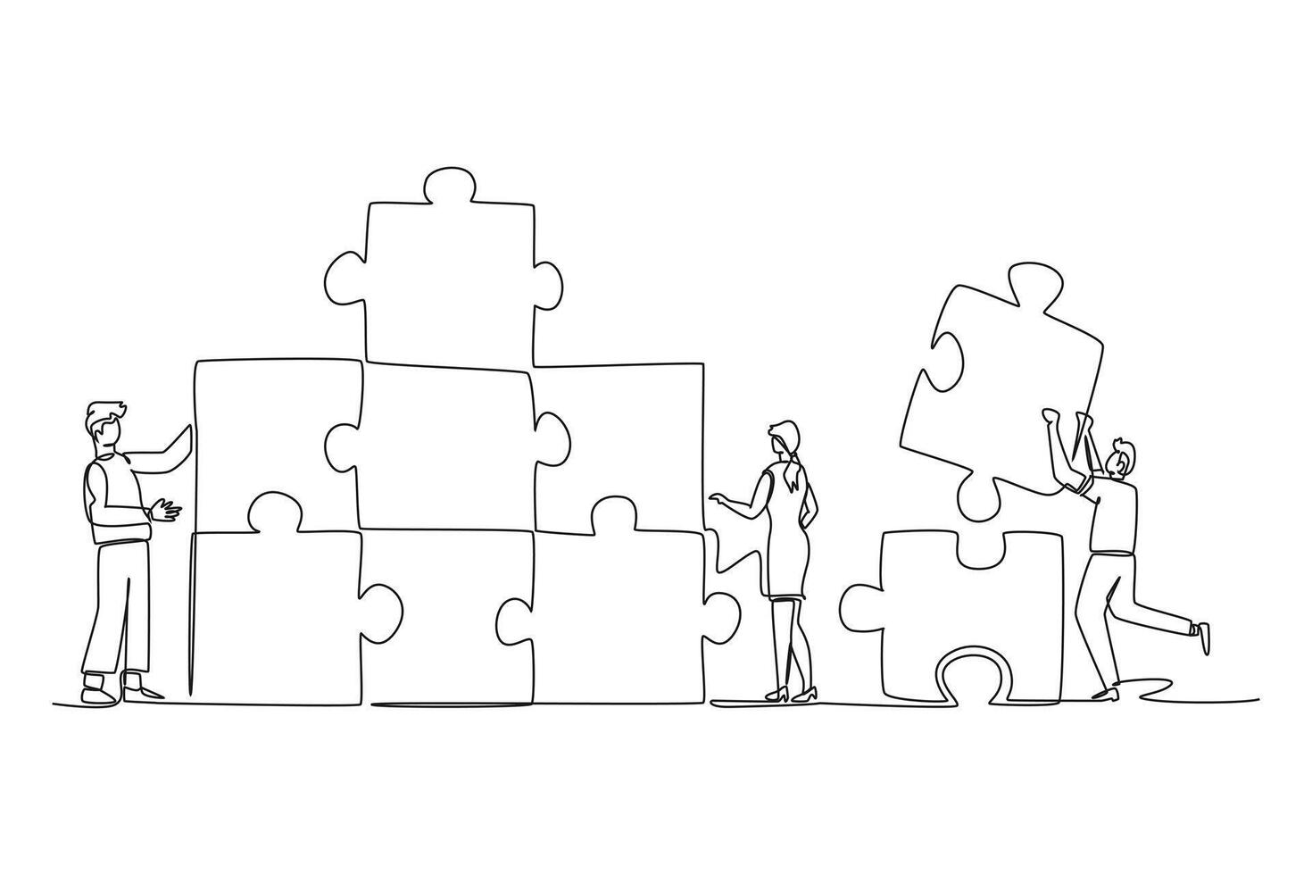 Continuous one line drawing group of young business people arrange puzzle pieces to build strong building. Collaboration business teamwork concept. Single line draw design graphic illustration vector