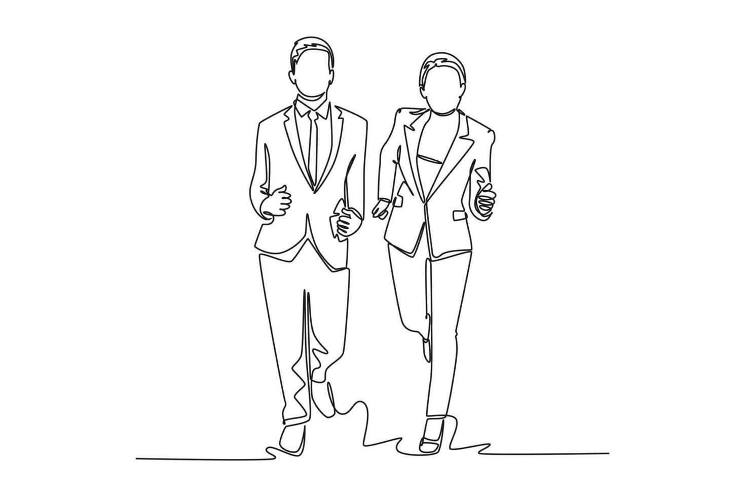 Single continuous line drawing of young female workers try to beat her male office worker friend at running championship. Business running competition. One line draw graphic design illustration vector