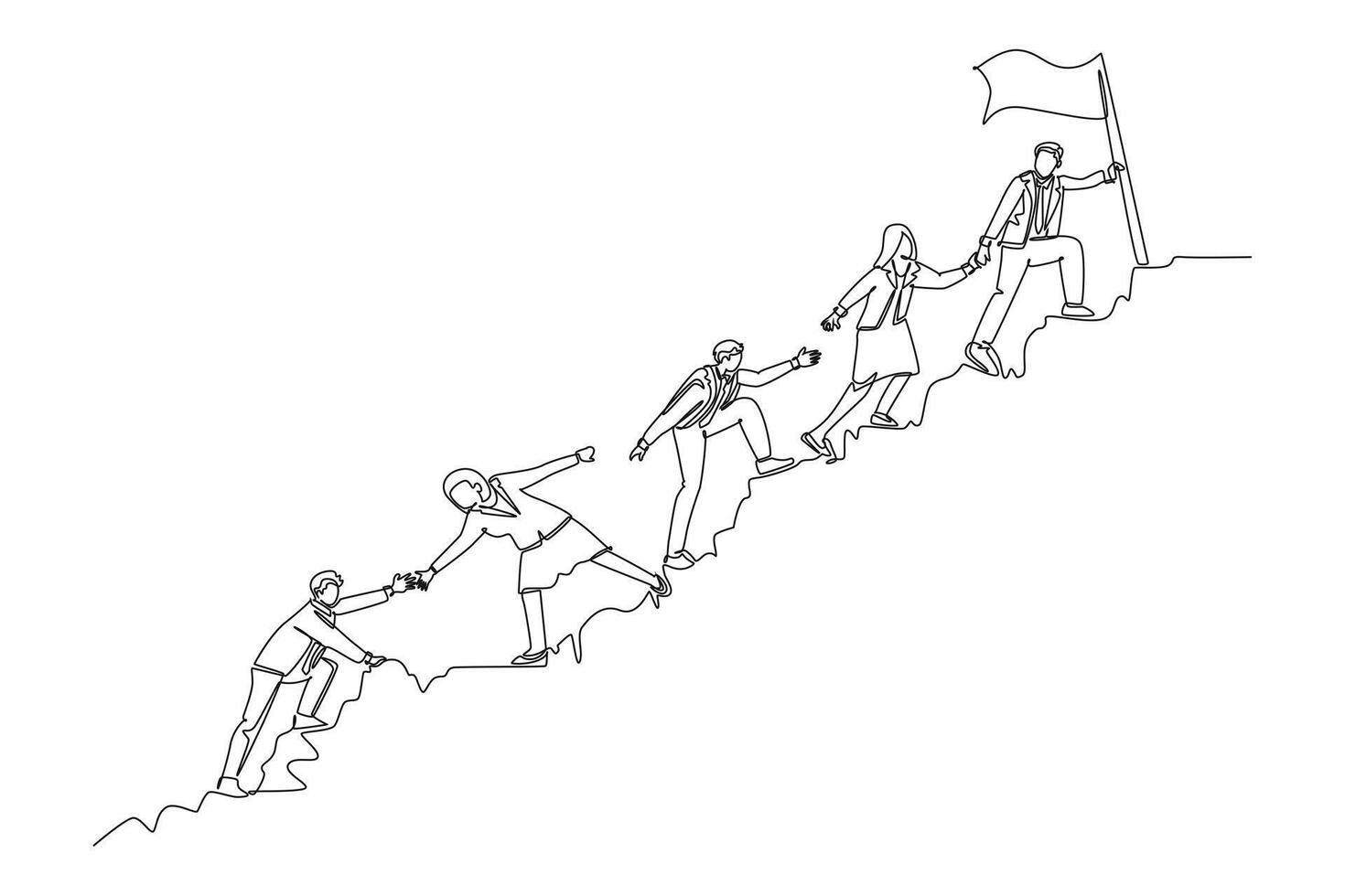 Single continuous line drawing male and female team member stick together follow their leader who holds flag to reach the top of the hill. Teamwork concept. One line graphic design illustration vector