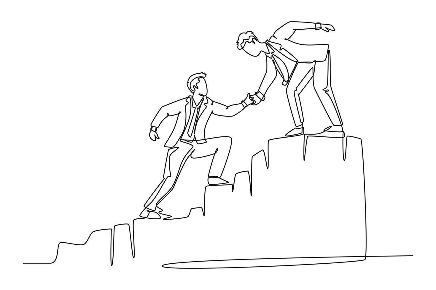 Single continuous line drawing young energetic businessman holding hands his partner to help climbing the hill. Teamwork support and collaboration concept. One line graphic design illustration vector