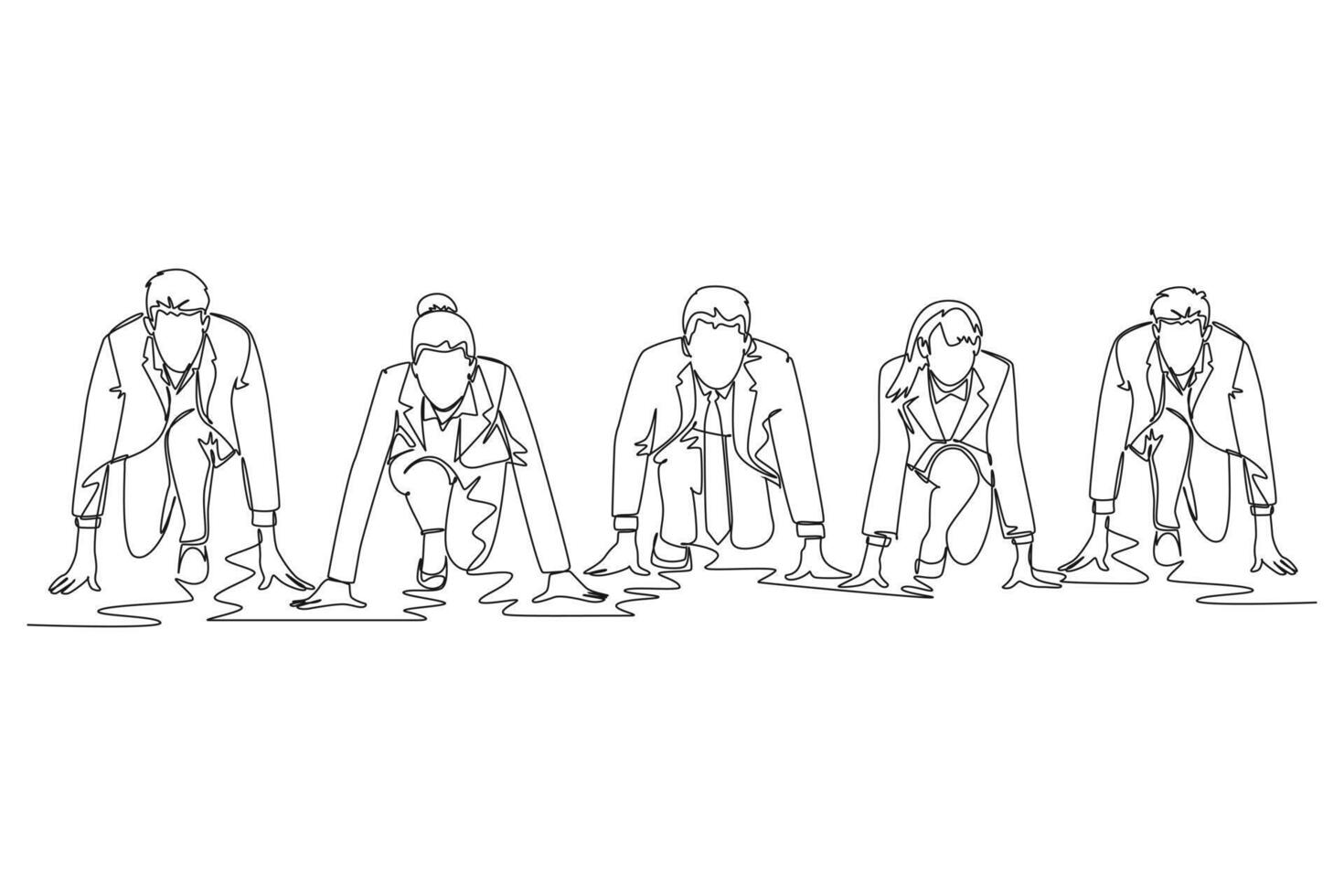 Single one line drawing group of businessman and businesswoman get ready on start line to do sprint race. Business running competition concept. Continuous line draw design graphic illustration vector