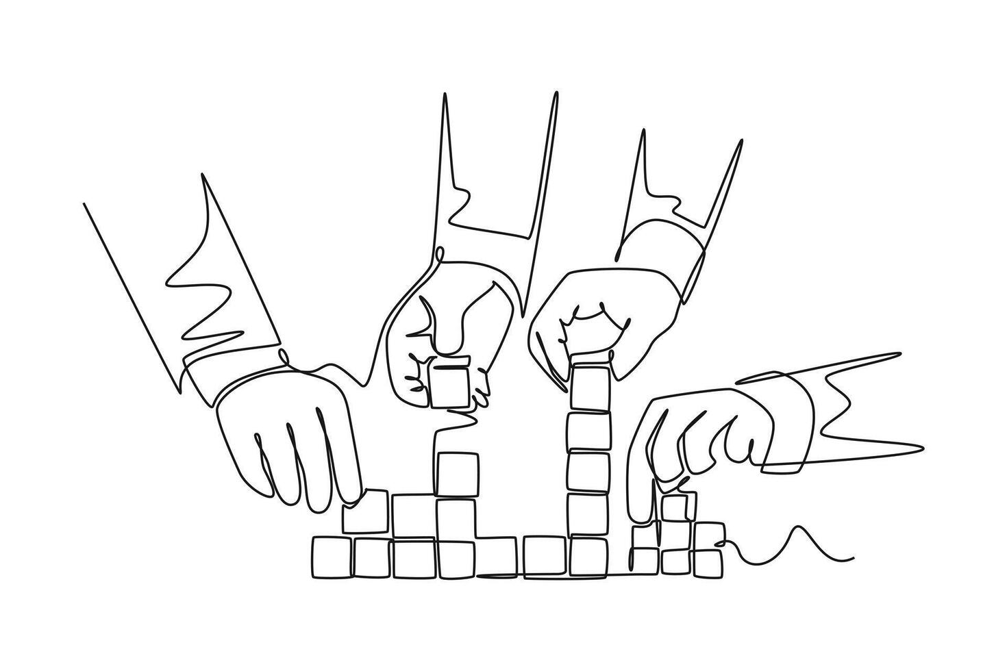 Single continuous line drawing business team member arrange wooden cube block become strong tower, together to improve team building. Teamwork concept. One line draw graphic design illustration vector
