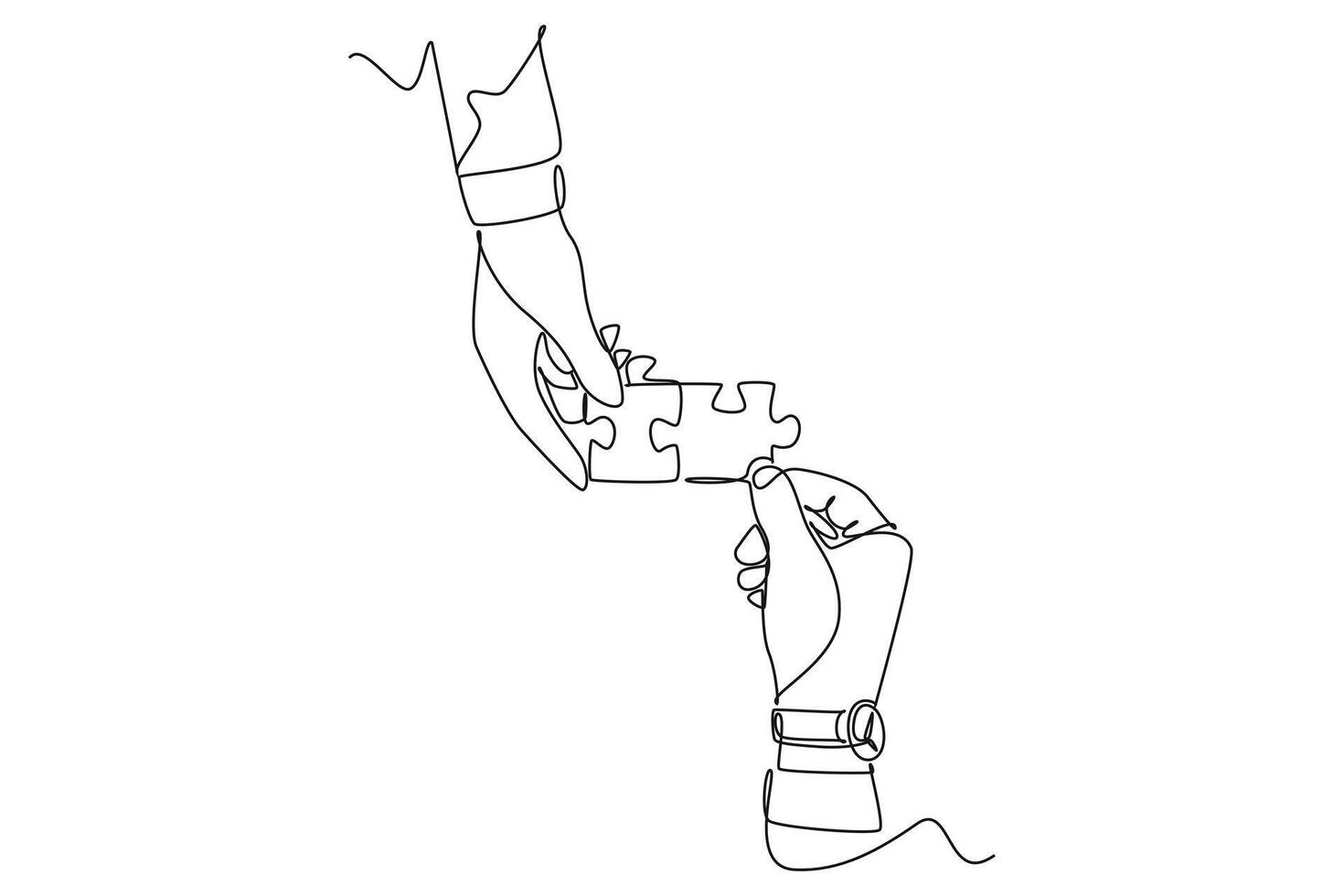 Single one line drawing human hands connect two parts of puzzle together. Business solutions and ideas. Teamwork and partnership concept. Modern continuous line draw design graphic illustration vector