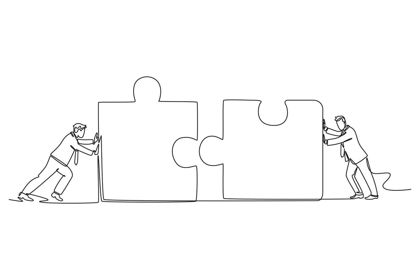 Single continuous line drawing of two young businessmen push puzzle pieces to unite it. Start business collaboration symbol. Teamwork concept. Dynamic one line draw graphic design illustration vector
