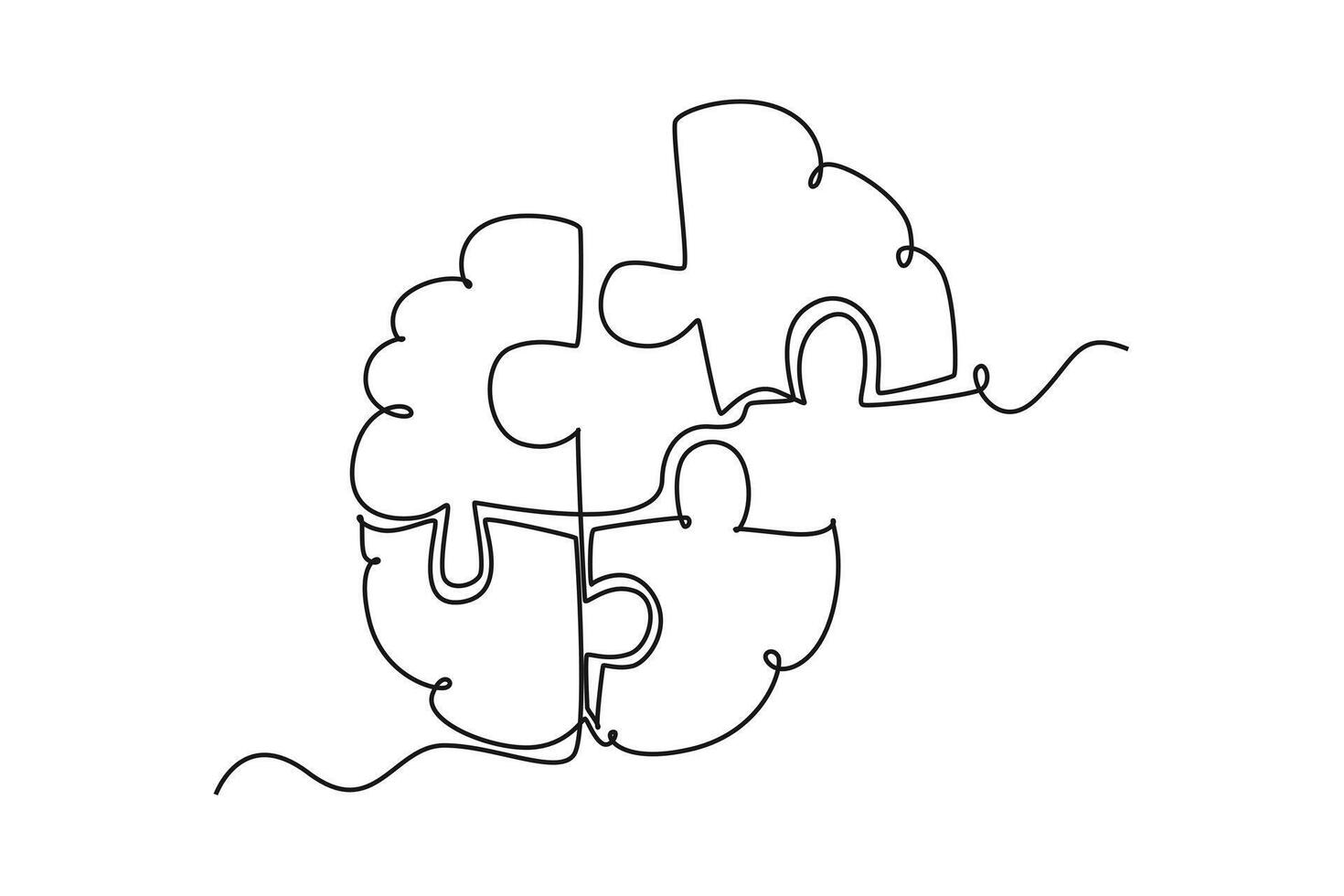 Single one line drawing of human brain forming from piece of puzzles logo identity. Head anatomy and smart psychological people concept. Modern continuous line draw design graphic illustration vector