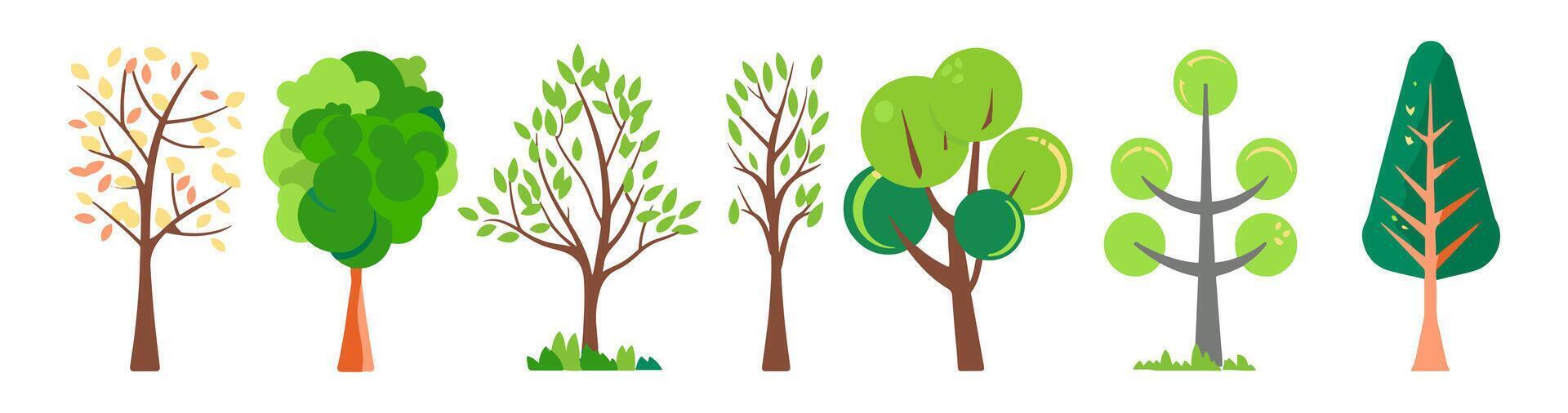 Tree and green leaf collection hand drawn flat design. botanical set of bare trees and ones with leaves and lush limited flat pastel color vector