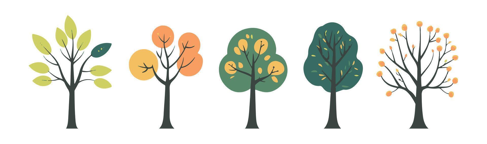 Tree and leaf illustration collection hand drawn flat design element. botanical set of bare trees and ones with leaves and lush with green orange yellow red color vector
