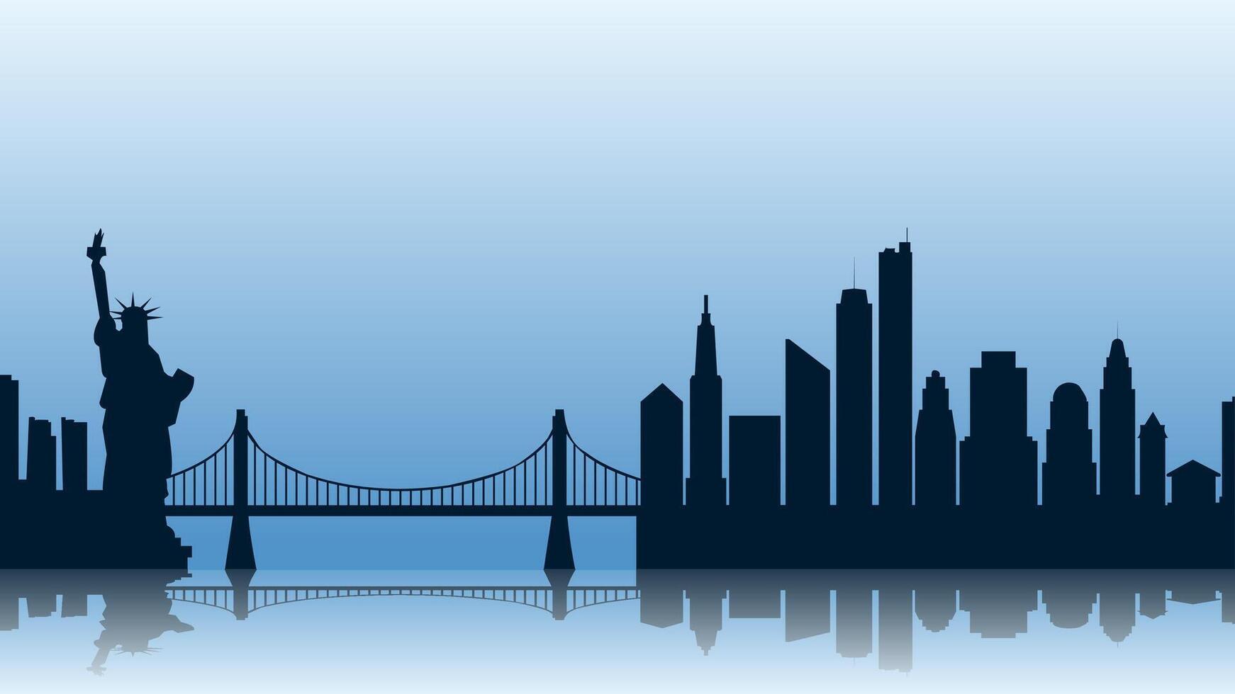 Cityscape illustration of new york city with Liberty statue and bridge vector