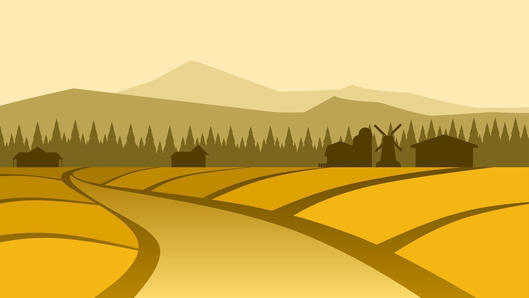 Landscape illustration of wheat farm in countryside vector