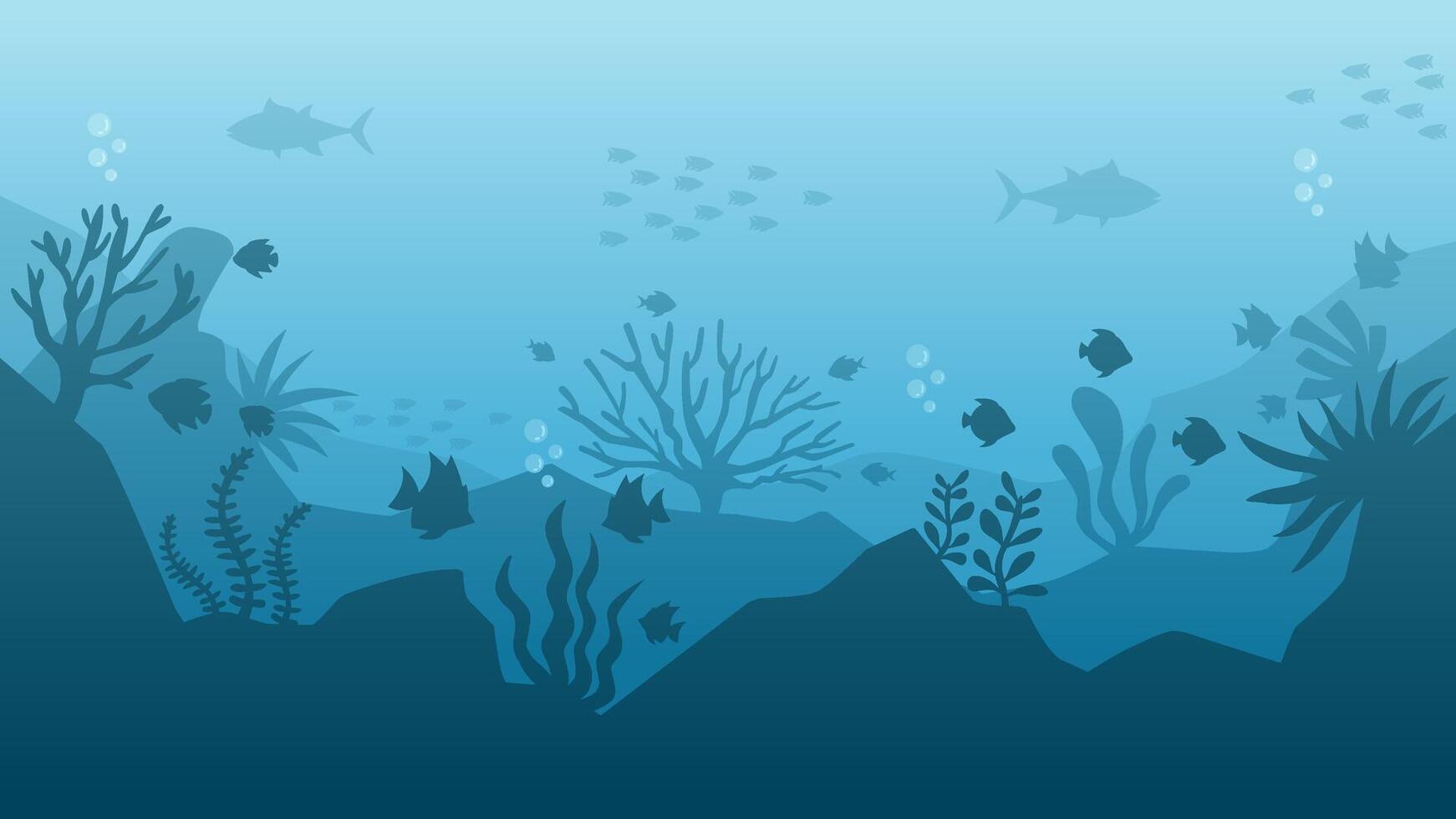 Landscape illustration of seabed with coral reefs and fishes vector