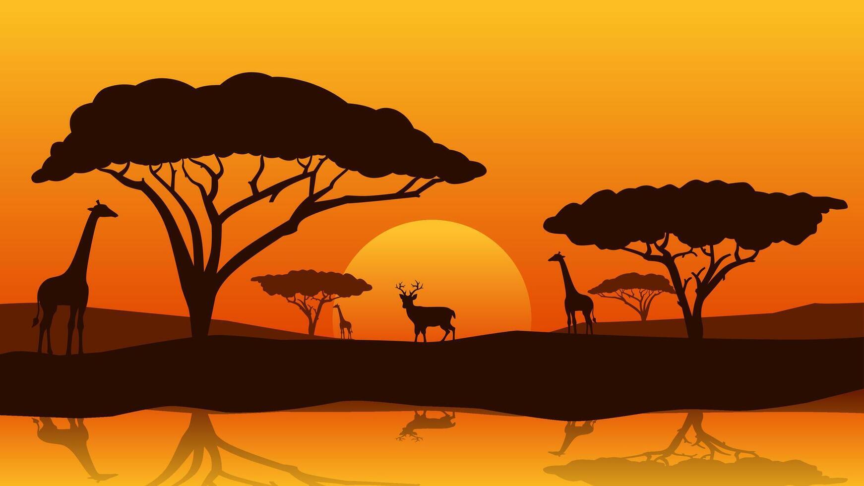 Landscape illustration of savanna wildlife with lake reflection vector