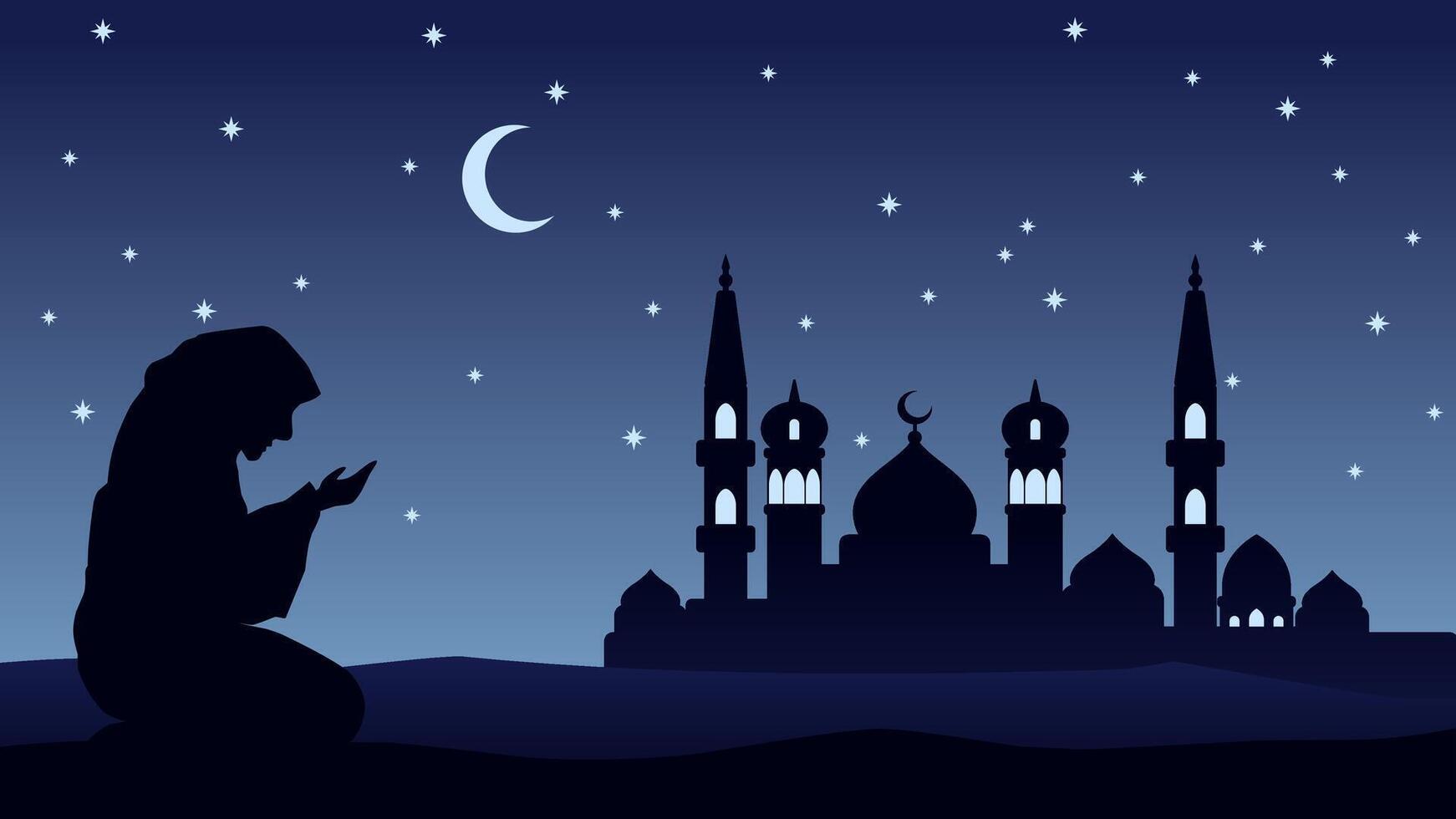 Landscape illustration of praying muslim with mosque silhouette vector
