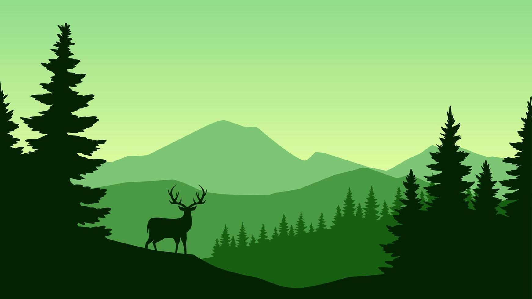Landscape illustration of a deer silhouette in the pine forest vector