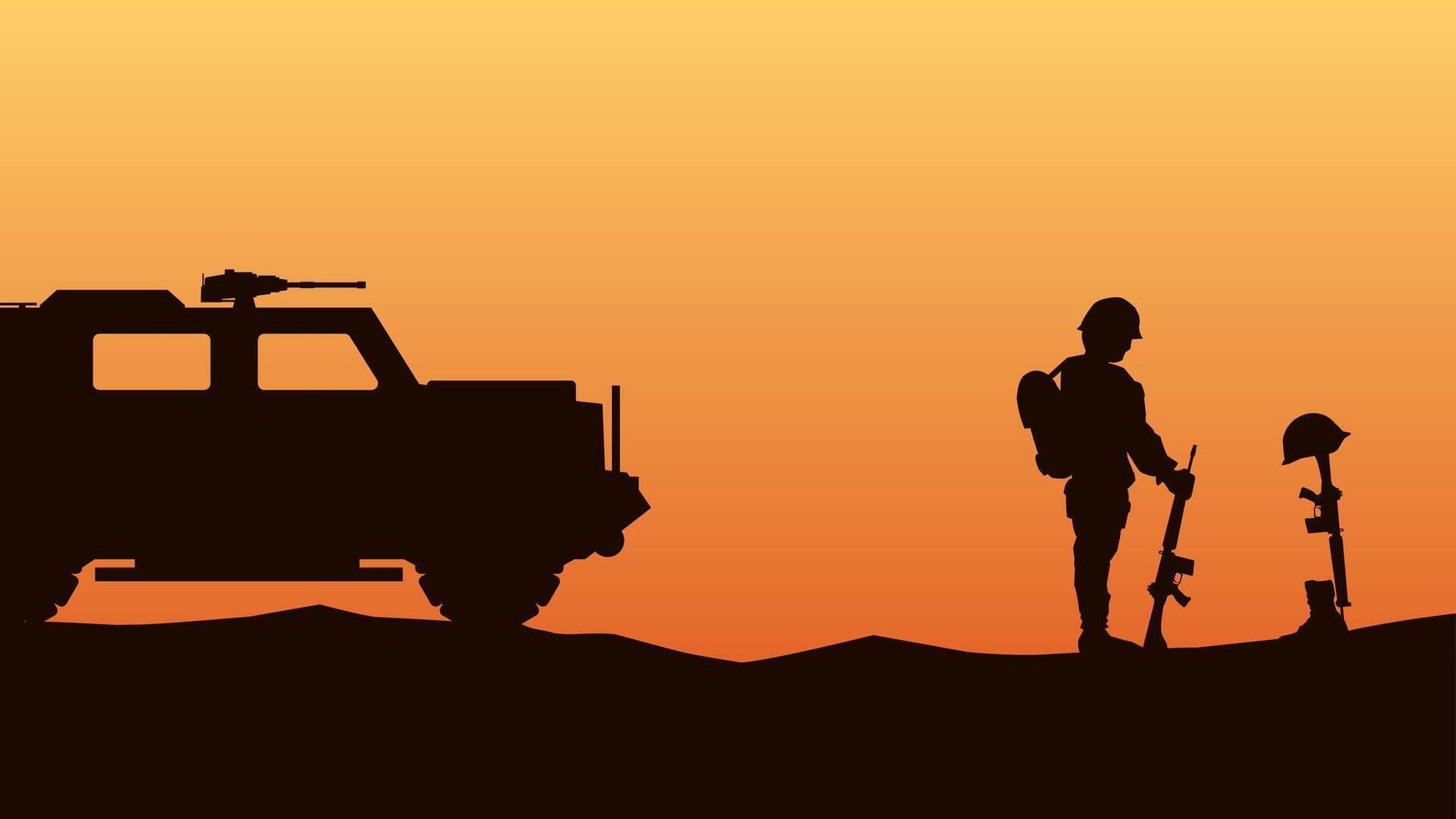 Landscape illustration of soldier giving respect to fallen soldier vector
