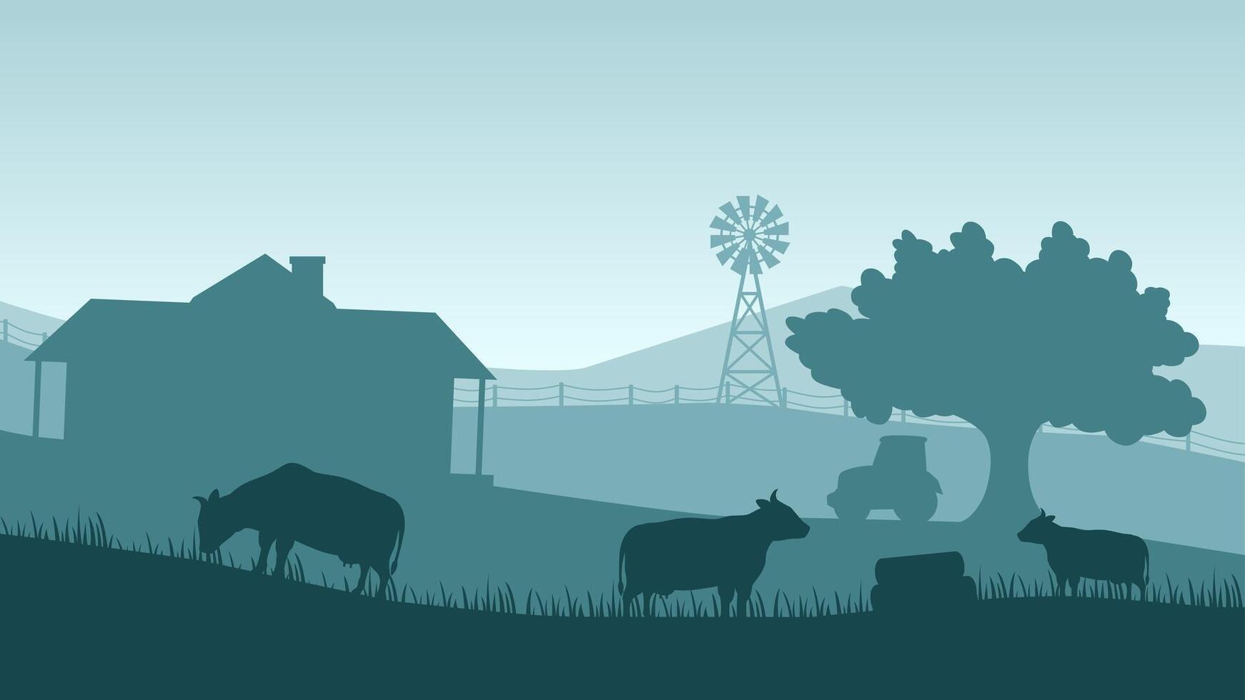 Landscape illustration of farm silhouette with cattle livestock vector