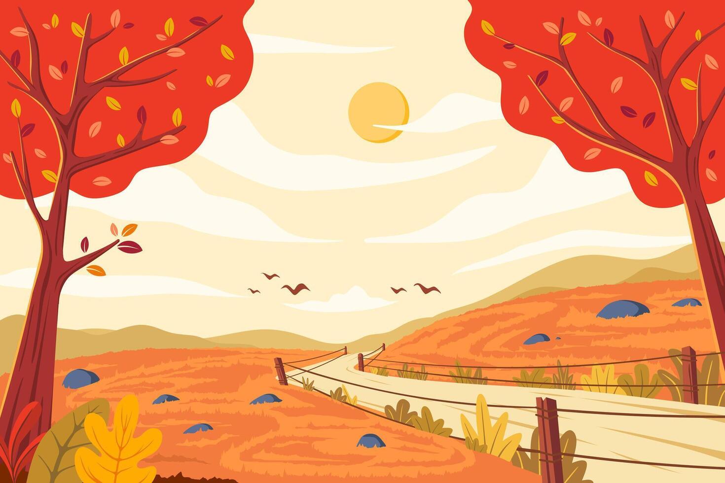 Autumn landscape with illustrations of hills, fields, birds, trees in countryside. Beautiful autumn scenery illustration vector