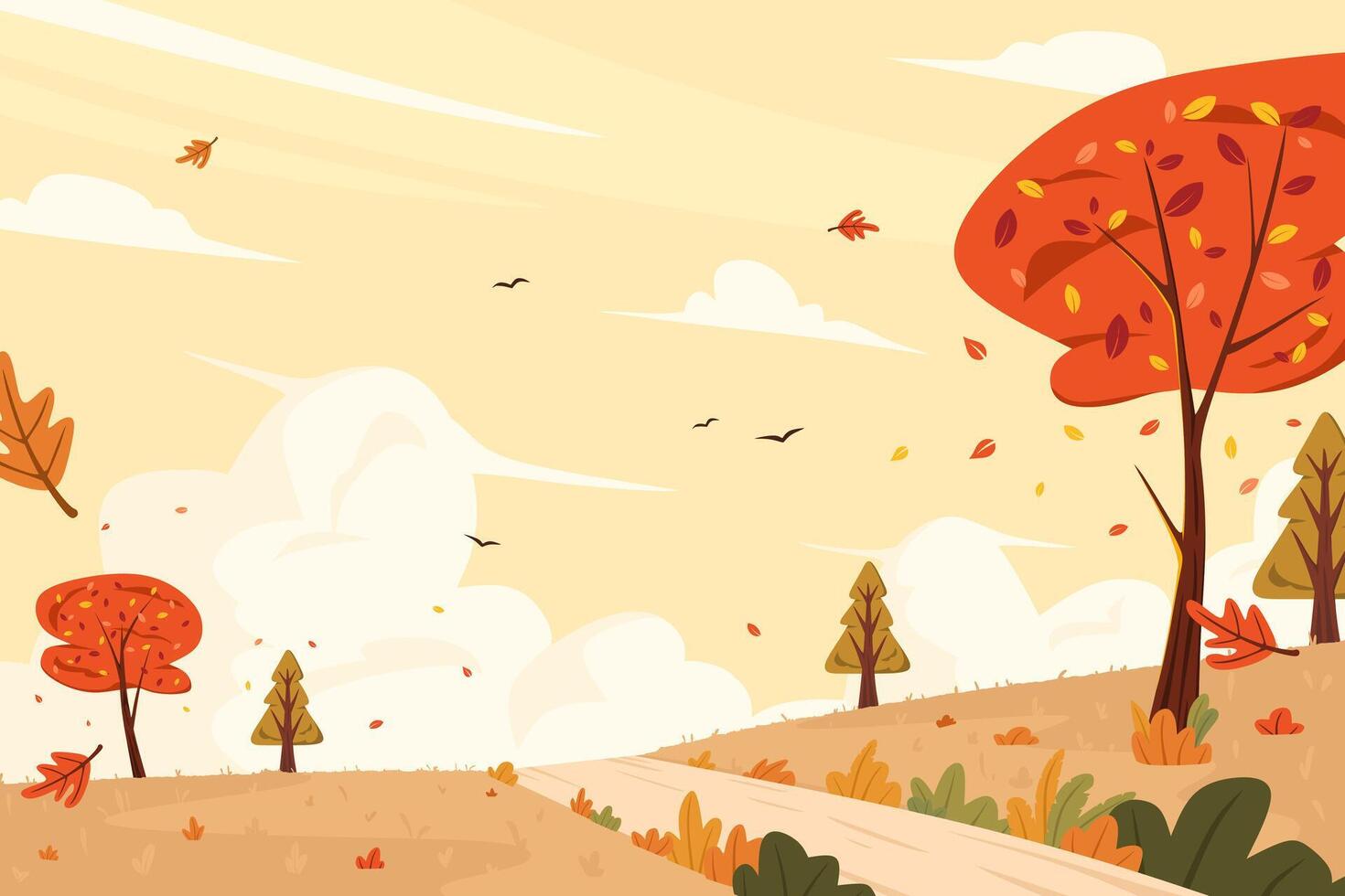 Golden autumn landscape with falling leaves and scenic trees in countryside. Illustration of autumn scenery with fallen leaves on a hill. Flat illustration vector