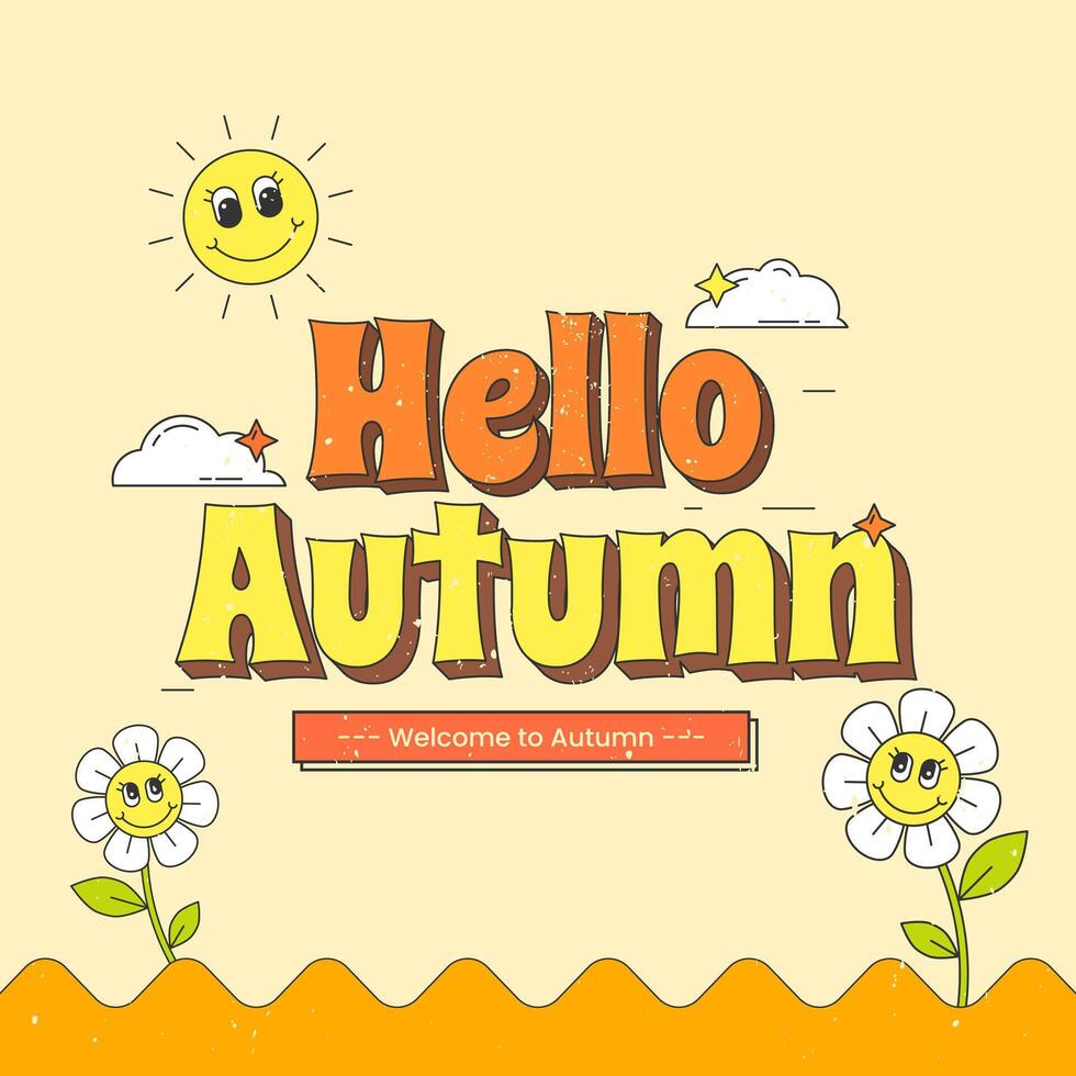 3d hello autumn typography design in retro style with cloud, sun, and smiling sunflower. Hello autumn words vector