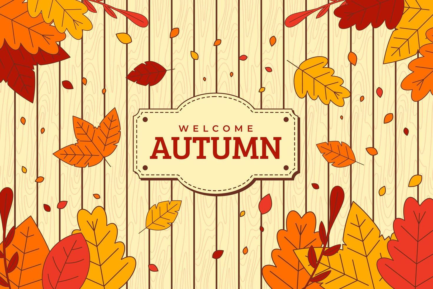 Top view fall leaves on wood background. Orange yellow leaves on wooden boards. Flat illustration to welcome autumn vector