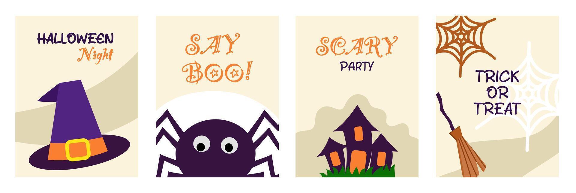 collection of halloween poster set with cute cartoon element on bright background for greeting card, flyer, banner, and advertisement vector