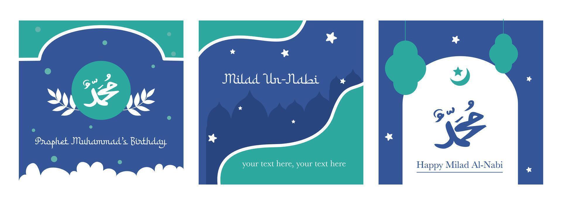 Three Sets Mawlid AlNabi Greeting Islamic Background With Arabic Calligraphy For Banner, Card, Wallpaper and instagram post vector
