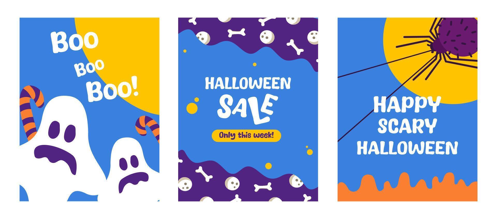 Set of portrait halloween banner template with cute cartoon element on blue background goof for sale promotion, bussines advertisement, greeting card, flyer and poster. vector
