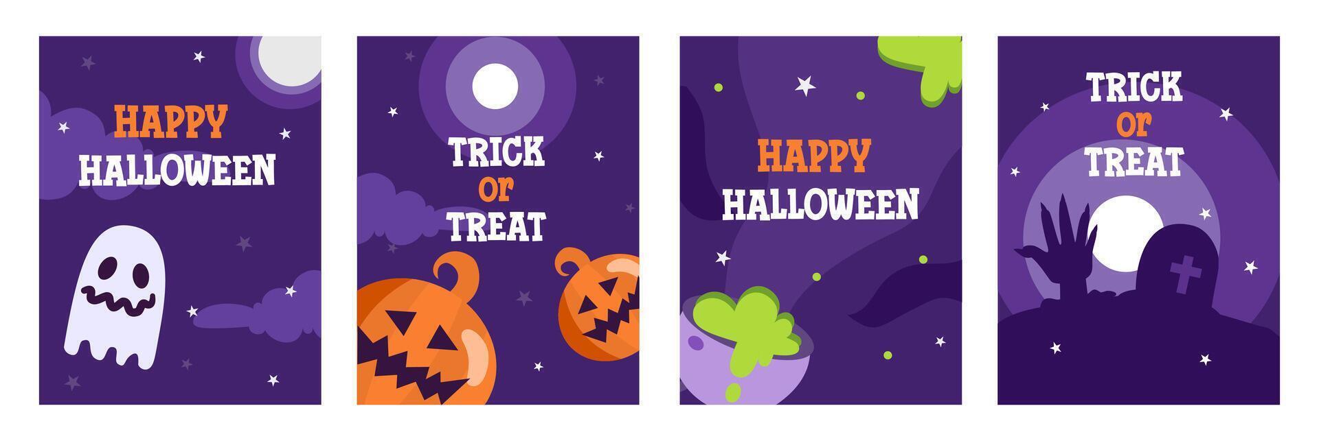 Collection of halloween poster set with cute element illustration on purple background for greeting card, flyer and promotion vector