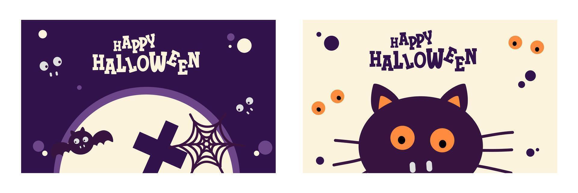 Set of halloween horizontal banner template with cute bat and cat cartoon elements on colorful background for greeting card, flyer, poster, and promotion vector