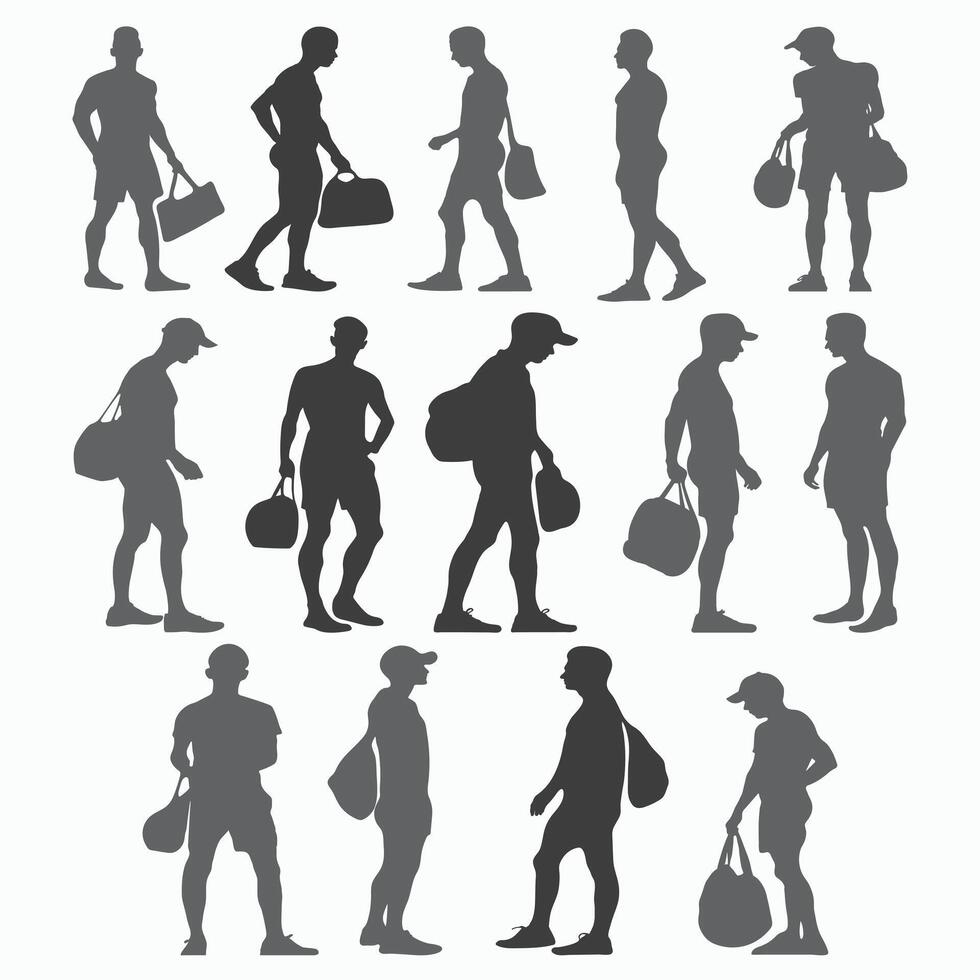 Set of black silhouette of a man carrying a duffel bag from different perspectives isolated on white background vector