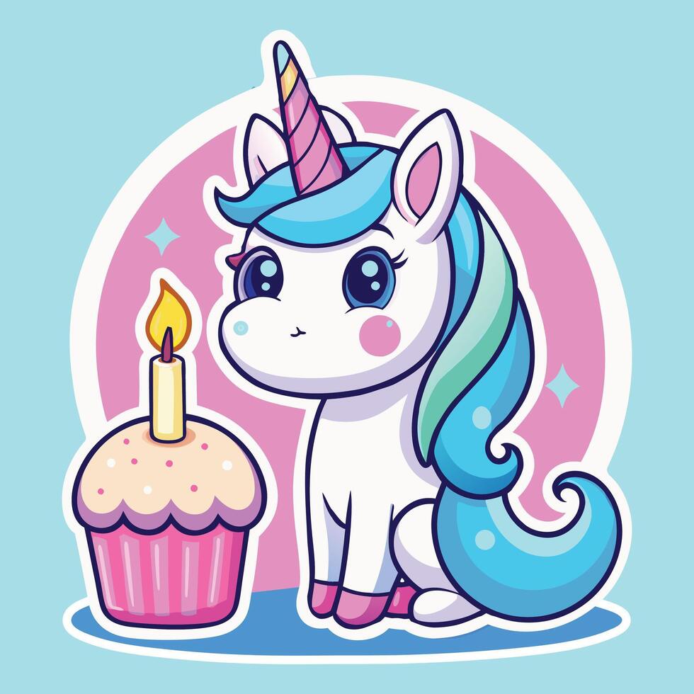 Cute Unicorn cartoon with birthday cake vector