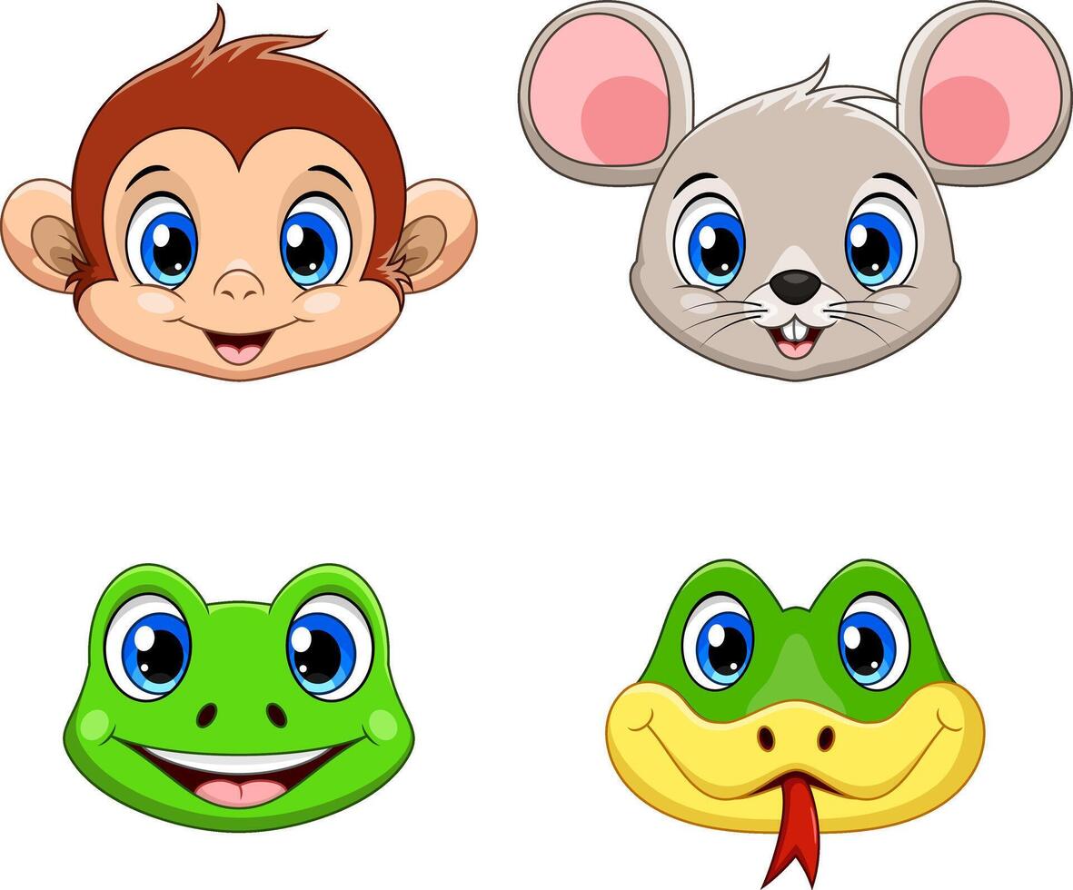 Cute animal face collection set . Monkey, Mouse, Frog and Snake vector