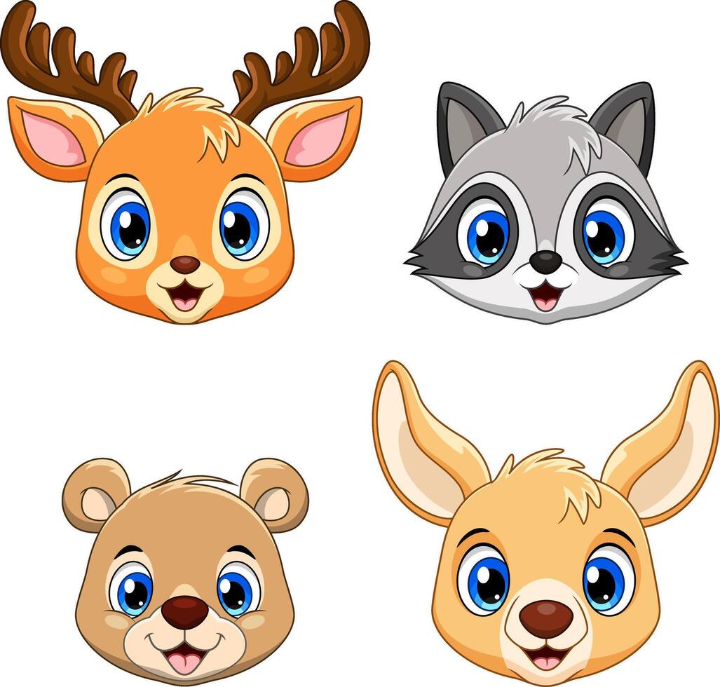 Cute animal face collection set. Lion. Deer, Raccoon, bear and Kangaroo vector