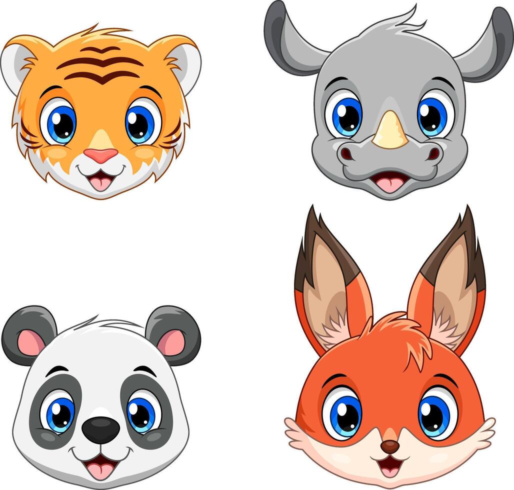 Cute animal face collection set. Tiger, Rhino, Panda and Fox vector