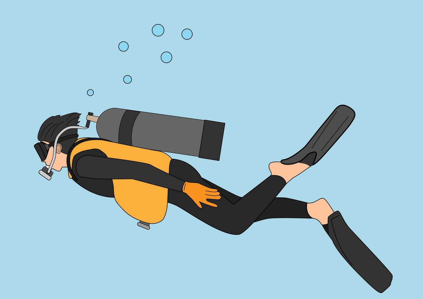 A young man dives wearing a bodysuit, mask and fins. vector