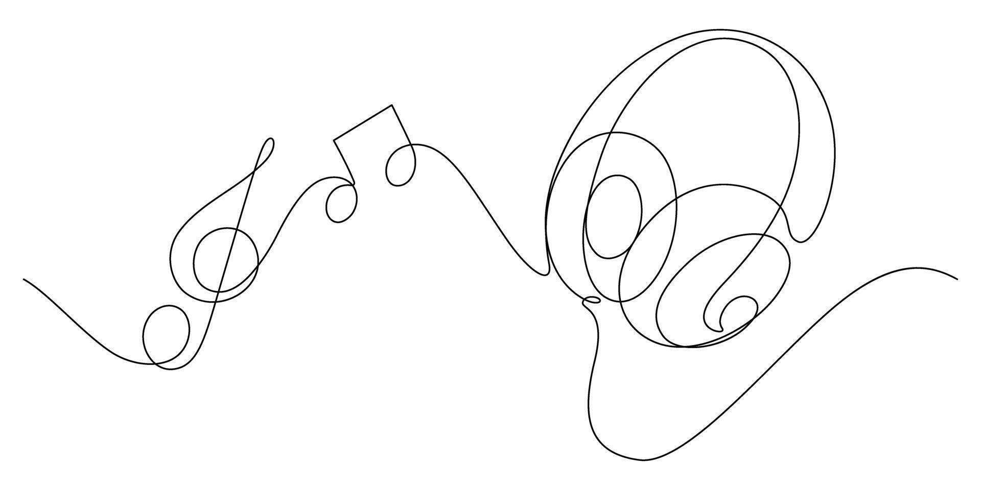 headphone one line drawing continuous with music note vector