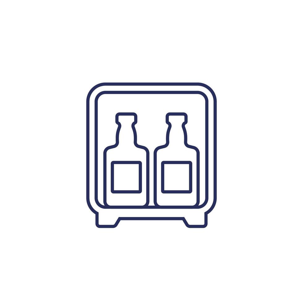 minibar line icon, mini fridge with whiskey bottles vector