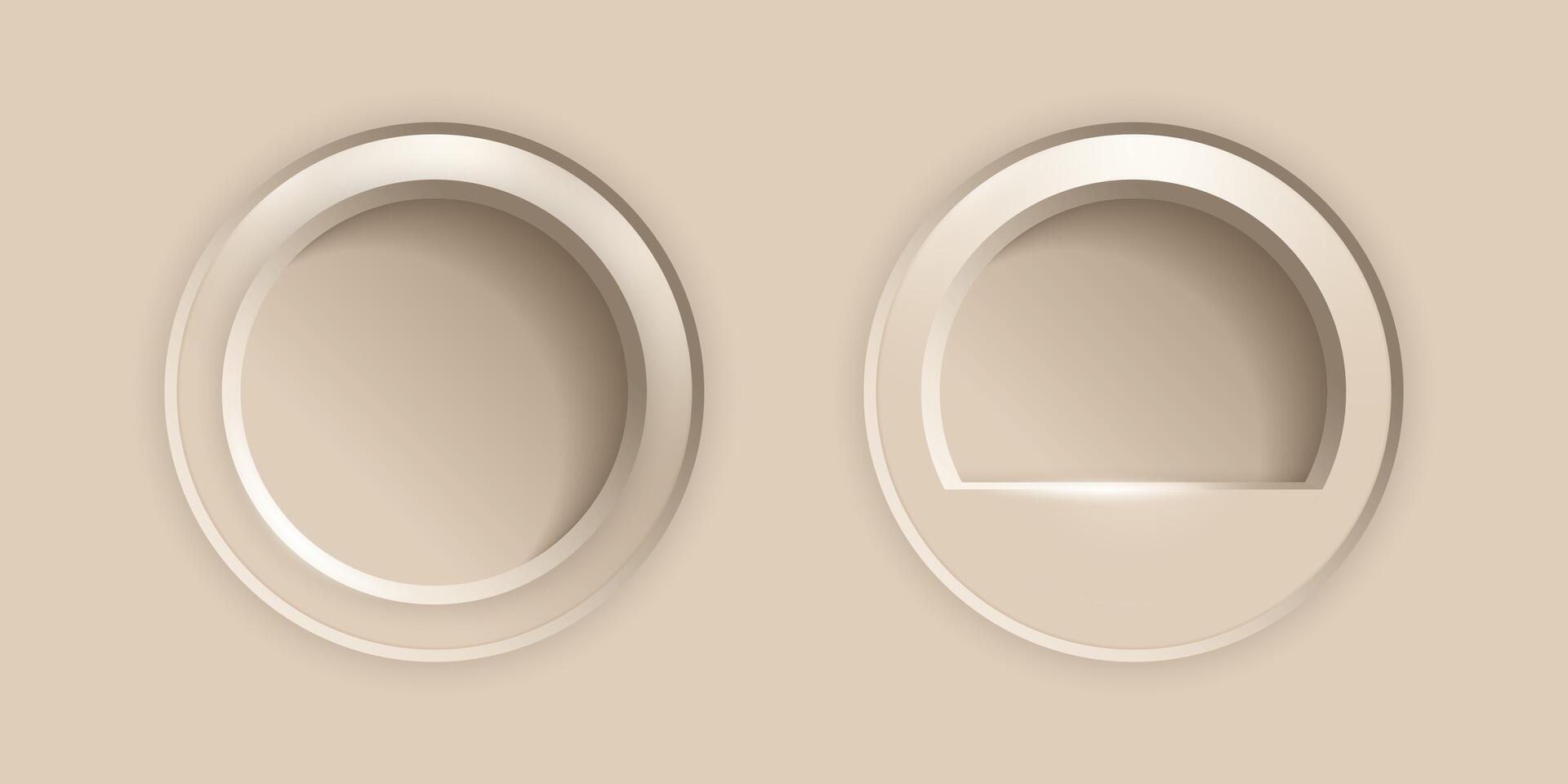 Set of round niches in a light beige wall with a podium and lighting. vector