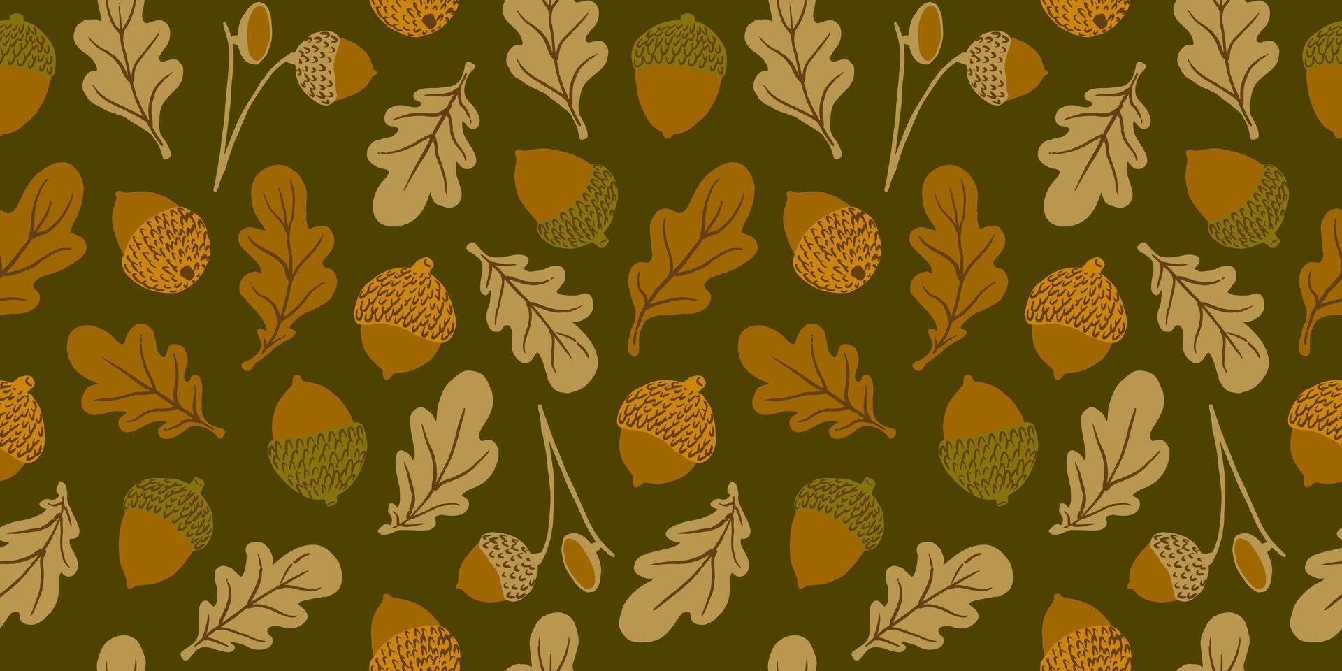Oak tree leaves and cute acorns seamless pattern. Autumn, fall season wallpaper, background in autumnal, warm, cozy colours. Fabric, paper design. vector