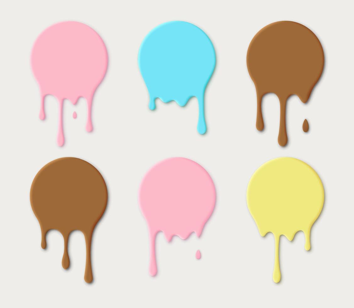 Round icons of flowing drip paint, milk yogurt or chocolate flowing down isolated on light background. vector