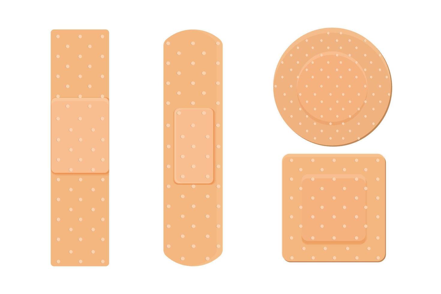 Medical plaster, strip. Breathable patch set. Firs aid tape, Different shapes. Recovery tape isolated on white background vector