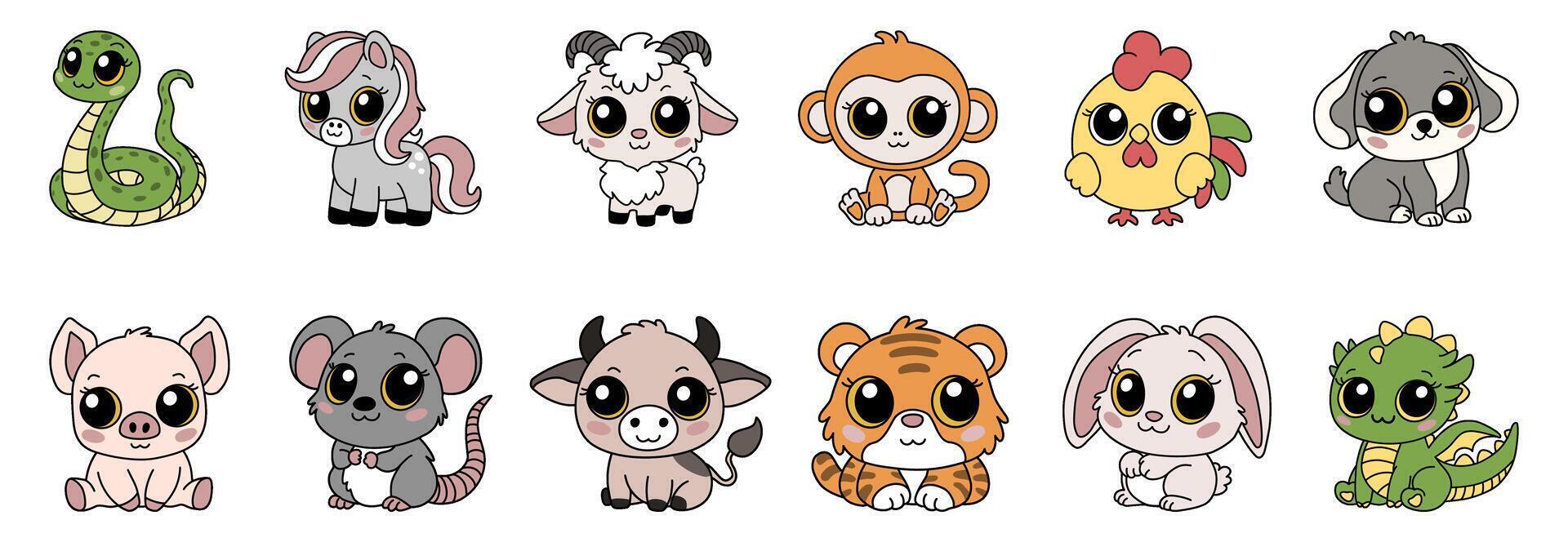 Twelve zodiac animals Chinese New Year signs icons set. Asian kawaii cute style isolated illustration of mascots - snake, horse, goat, monkey, rooster, dog, pig, rat, ox, tiger, rabbit, dragon. vector