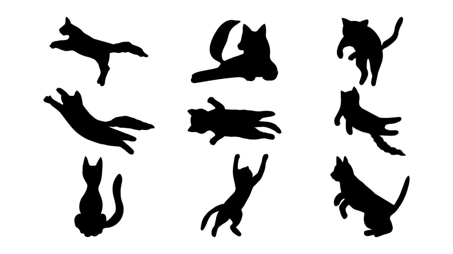 Hand drawn set of cat silhouettes in jumping poses. adorable domestic animals vector