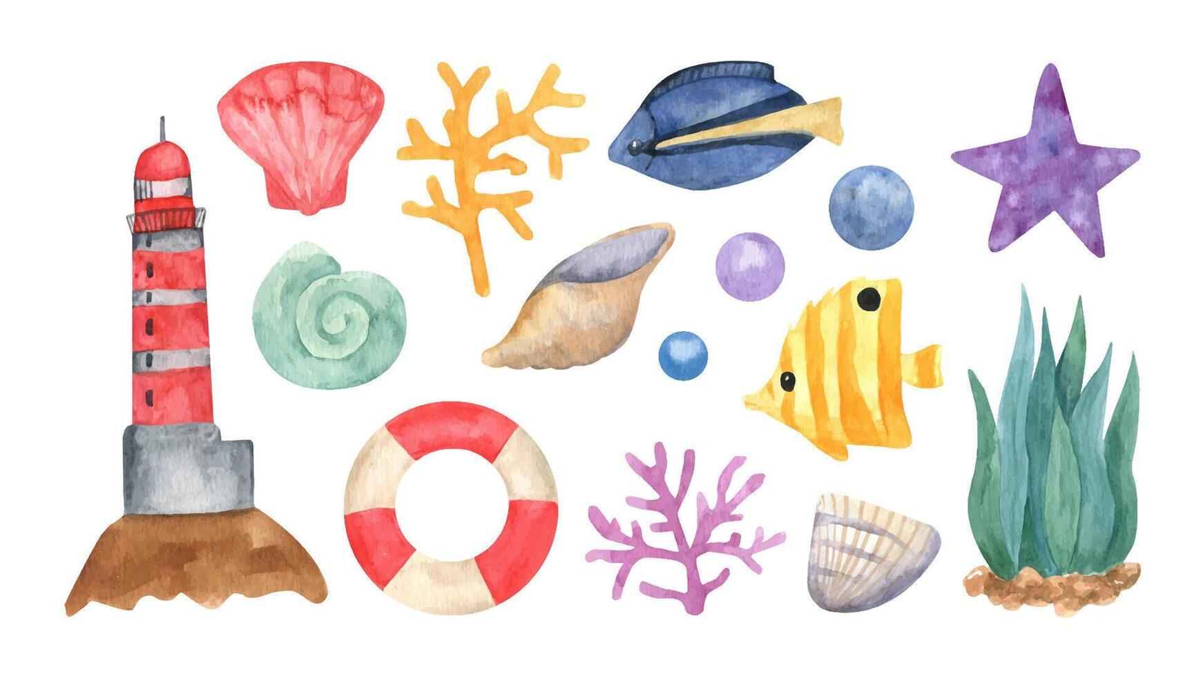 Watercolor sea life with seaweed, coral, fish, shellfish, shells, lifebuoy, lighthouse, starfish vector